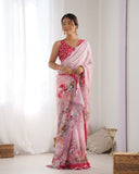 Pastel Pink Floral Printed Silk Saree with Scalloped Mirror Lace Border & Blouse