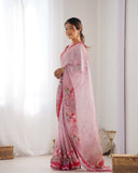 Pastel Pink Floral Printed Silk Saree with Scalloped Mirror Lace Border & Blouse