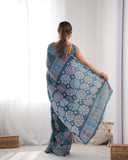 Navy Blue Bandhani-Inspired Silk Saree with Color Block Prints & Mirror Work Border