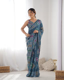 Navy Blue Bandhani-Inspired Silk Saree with Color Block Prints & Mirror Work Border