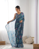 Navy Blue Bandhani-Inspired Silk Saree with Color Block Prints & Mirror Work Border