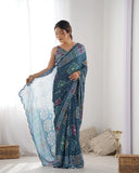Navy Blue Bandhani-Inspired Silk Saree with Color Block Prints & Mirror Work Border