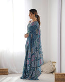 Navy Blue Bandhani-Inspired Silk Saree with Color Block Prints & Mirror Work Border