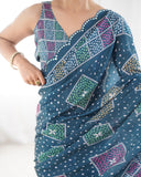Navy Blue Bandhani-Inspired Silk Saree with Color Block Prints & Mirror Work Border