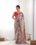 Vibrant Multicolor Geometric Print Silk Saree with Mirror Lace Border