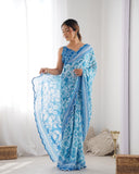 Sky Blue Tie-Dye Bandhani Print Silk Saree with White Pearl Lace Border