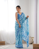 Sky Blue Tie-Dye Bandhani Print Silk Saree with White Pearl Lace Border