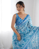 Sky Blue Tie-Dye Bandhani Print Silk Saree with White Pearl Lace Border