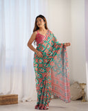 Ethnic Print Green & Pink Soft Silk Saree with Blouse Piece