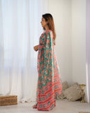 Ethnic Print Green & Pink Soft Silk Saree with Blouse Piece