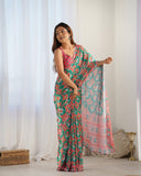 Ethnic Print Green & Pink Soft Silk Saree with Blouse Piece