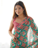 Ethnic Print Green & Pink Soft Silk Saree with Blouse Piece