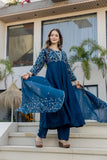 Teal Blue Embroidered Silk Kurta Pant Set with Dupatta