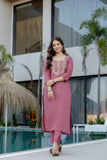 Mauve Pink Embroidered Chanderi Kurta Pant Set with Dupatta