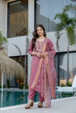 Mauve Pink Embroidered Chanderi Kurta Pant Set with Dupatta