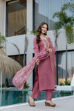 Mauve Pink Embroidered Chanderi Kurta Pant Set with Dupatta