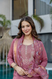 Mauve Pink Embroidered Chanderi Kurta Pant Set with Dupatta