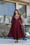 Maroon Embroidered Chinon Kurta Pant Set with Dupatta