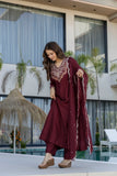 Maroon Embroidered Chinon Kurta Pant Set with Dupatta
