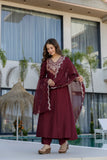 Maroon Embroidered Chinon Kurta Pant Set with Dupatta