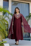 Maroon Embroidered Chinon Kurta Pant Set with Dupatta