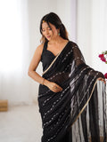 Elegant Black Embellished Georgette Saree with Golden Trim