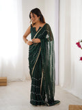 Elegant Green Embellished Georgette Saree with Golden Trim