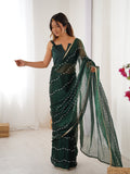 Elegant Green Embellished Georgette Saree with Golden Trim