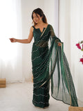 Elegant Green Embellished Georgette Saree with Golden Trim