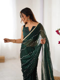 Elegant Green Embellished Georgette Saree with Golden Trim