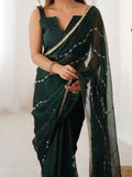 Elegant Green Embellished Georgette Saree with Golden Trim