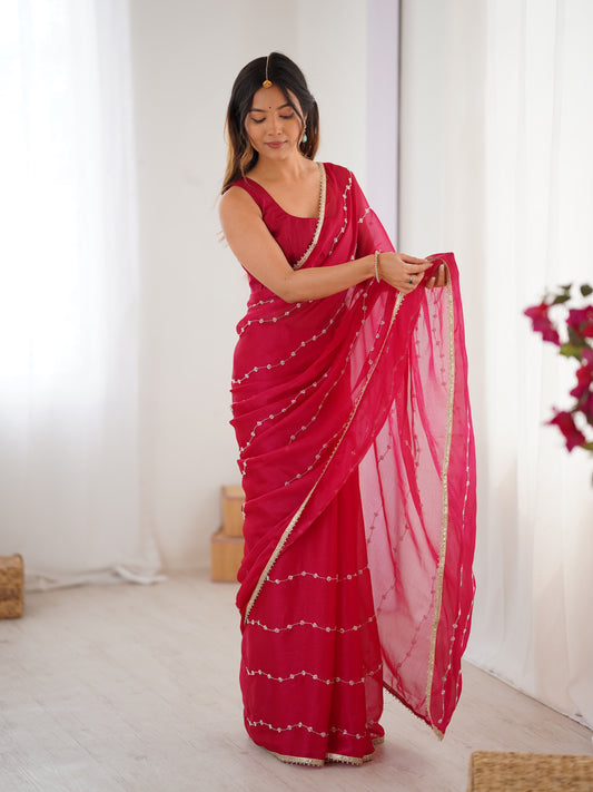 Elegant Pink Embellished Georgette Saree with Golden Trim