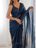 Elegant Teal Blue Embellished Georgette Saree with Golden Trim