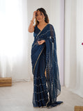 Elegant Teal Blue Embellished Georgette Saree with Golden Trim