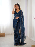 Elegant Teal Blue Embellished Georgette Saree with Golden Trim