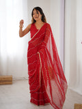 Elegant Red Embellished Georgette Saree with Golden Trim