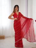 Elegant Red Embellished Georgette Saree with Golden Trim