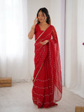 Elegant Red Embellished Georgette Saree with Golden Trim