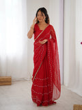 Elegant Red Embellished Georgette Saree with Golden Trim