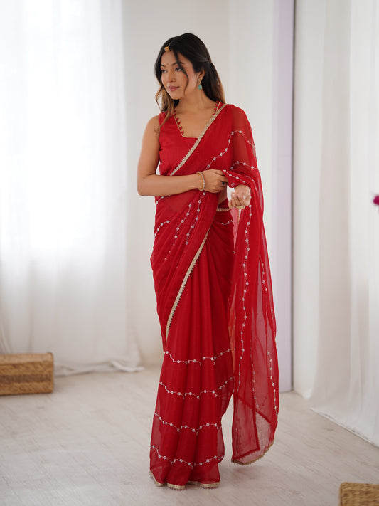Elegant Red Embellished Georgette Saree with Golden Trim