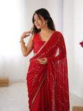 Elegant Red Embellished Georgette Saree with Golden Trim