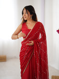 Elegant Red Embellished Georgette Saree with Golden Trim