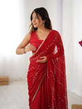 Elegant Red Embellished Georgette Saree with Golden Trim