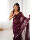 Elegant Wine Embellished Georgette Saree with Golden Trim