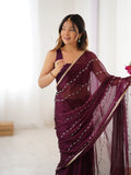 Elegant Wine Embellished Georgette Saree with Golden Trim