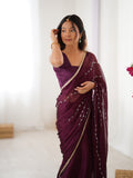 Elegant Wine Embellished Georgette Saree with Golden Trim