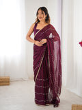 Elegant Wine Embellished Georgette Saree with Golden Trim