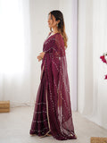 Elegant Wine Embellished Georgette Saree with Golden Trim