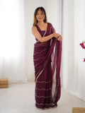 Elegant Wine Embellished Georgette Saree with Golden Trim