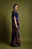 Navy Blue Floral Georgette Saree with Golden Embroidered Border